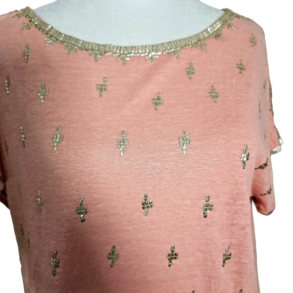 Calypso St. Barth Peach Beaded Short Sleeved Boho Top Linen sz M - Picture 8 of 11